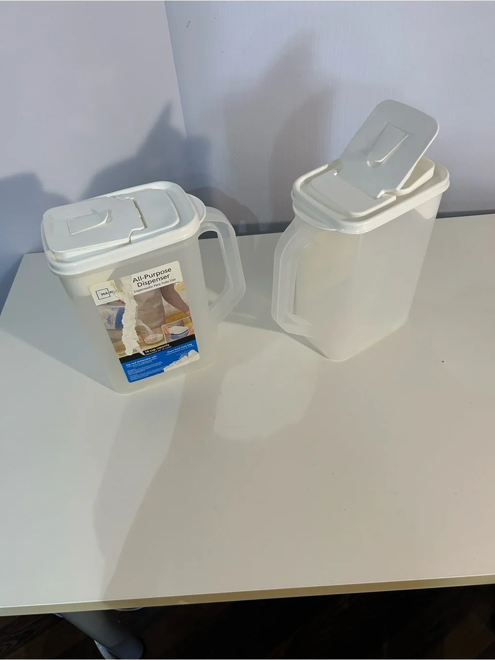 2 All-Purpose White Plastic Dispensers with handles- set of 2- Pitcher with Lid